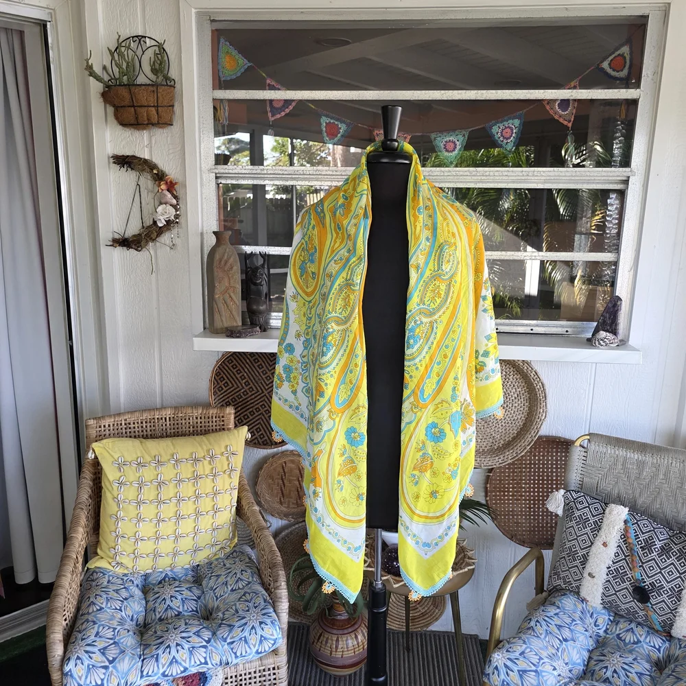 Vintage Huge Scarf Wrap Crochet Trim Resortwear Yellow Paisley Scarf